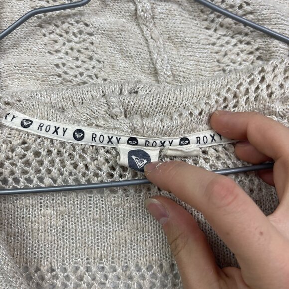 Roxy Hoodie Sweater Women M Cream V-neck Crochet Knit Boho Beach Surf Y2K - Picture 11 of 15